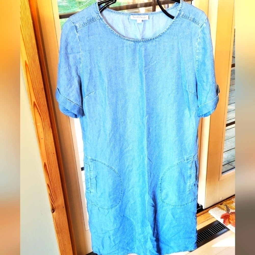 NorthStyle Womens Light Blue Chambray Shift Dress Short Sleeve Pockets Size M